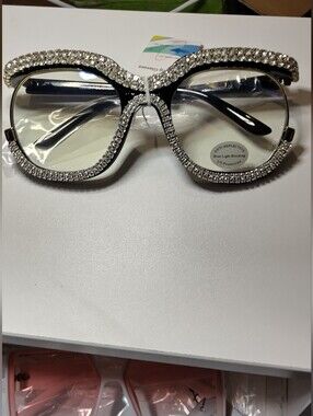 Crystal-Embellished Black Women's Blue Light Glasses